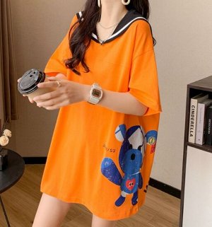 Свободная футболка с морским воротником и принтом, оранжевый