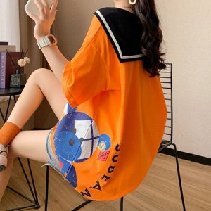 Свободная футболка с морским воротником и принтом, оранжевый