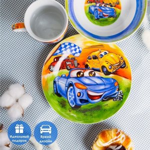 Набор детской посуды из керамики Доляна «Гонки», 3 предмета: кружка 230 мл, миска 400 мл, тарелка d=18 см