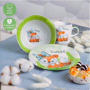 Набор детской посуды из керамики Доляна «Лисёнок», 3 предмета: кружка 230 мл, миска 400 мл, тарелка d=18 см