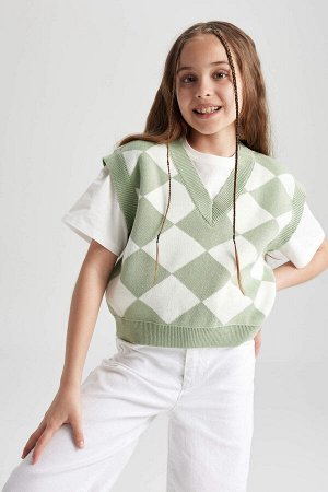 Укороченный трикотажный свитер с ромбовидным узором и V-образным вырезом для девочек