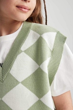 Укороченный трикотажный свитер с ромбовидным узором и V-образным вырезом для девочек