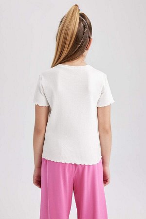 Приталенная футболка в рубчик с короткими рукавами для девочек