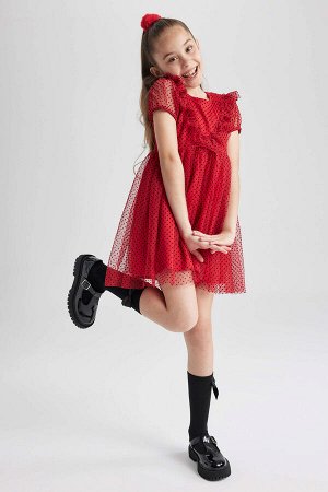 Красное платье из фатина с короткими рукавами для девочек
