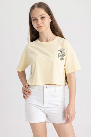 Укороченная хлопковая футболка с короткими рукавами и принтом маргариток для девочек