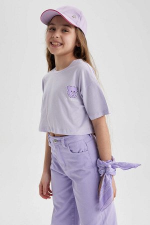 Укороченная хлопковая футболка с короткими рукавами и принтом плюшевого мишки для девочек