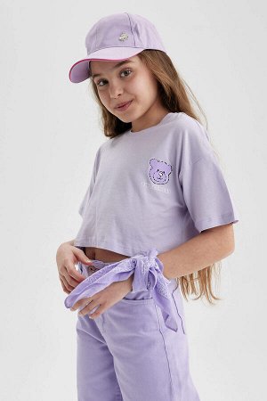 Укороченная хлопковая футболка с короткими рукавами и принтом плюшевого мишки для девочек