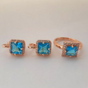 Комплект коллекция "Дубай", покрытие позолота с камнем, цвет голубой серьги, кольцо р-р 20, Е3246, арт.747.968