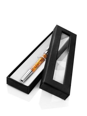 Шариковая ручка с колбой, наполненной кусочками натурального янтаря в подарочной коробке