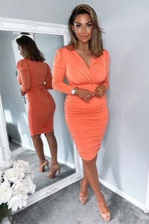 Оранжевое платье миди AX Paris с длинными рукавами и рюшами и закрученной передней частью