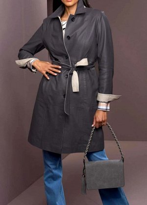 Кожаное пальто, антрацитовое