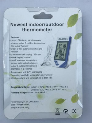 Термометр Электронный термометр с большим ЖК экраном. Питание от одной батарейки типа AAA. Возможность одновременного измерения температуры в помещении и на улице благодаря внешнему датчику.
