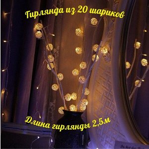 ШЛВ - праздник Светодиодная гирлянда «Белые ротанговые шарики» 1.5