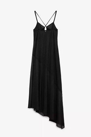 Женское ассиметричное полупрозрачное миди-платье на тонких бретелях, цвет чёрный