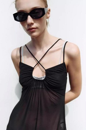 Женское ассиметричное полупрозрачное миди-платье на тонких бретелях, цвет чёрный
