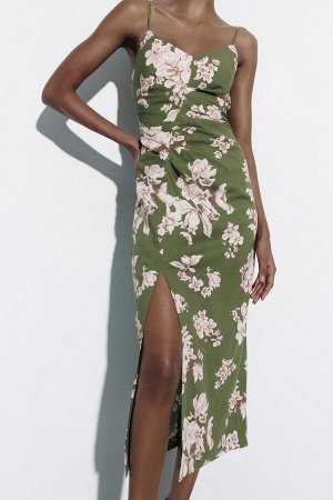 Женское летнее миди-платье с цветочным принтом, на тонких бретелях, цвет зелёный