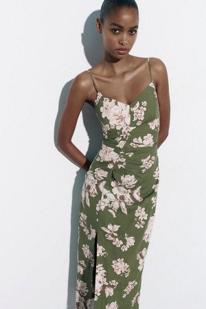 Женское летнее миди-платье с цветочным принтом, на тонких бретелях, цвет зелёный