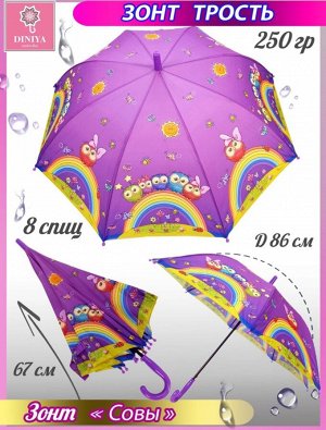 Зонт детский трость полуавтомат Совы цвет Сиреневый (DINIYA)