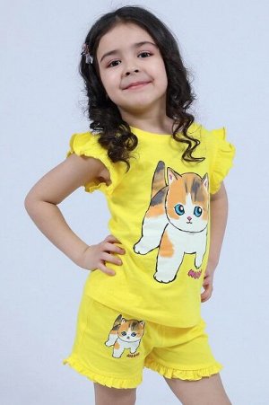 Костюм хлопковый для девочки, футболка + шорты, цвет желтый