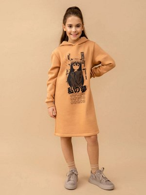 Теплое платье-худи песочного цвета с принтом в азиатском стиле для девочек