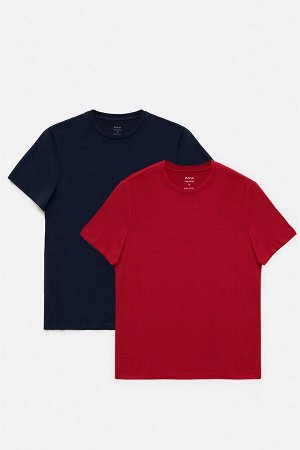 Темно-сине-бордовый 2-х комплекта из 100 % хлопка с круглым вырезом Базовая футболка узкого кроя E001012