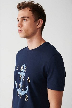 Мужская темно-синяя футболка оверсайз с круглым вырезом и принтом A31y1184 A31Y1184