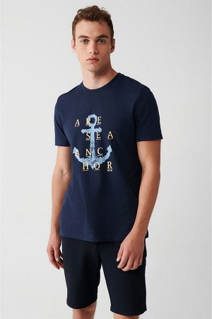 Мужская темно-синяя футболка оверсайз с круглым вырезом и принтом A31y1184 A31Y1184