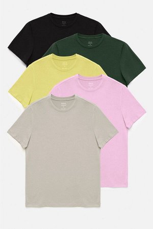 Черный-бежевый-желтый-светло-розовый-зеленый 5 пар с круглым вырезом 100 % хлопок Базовая футболка узкого кроя E001021