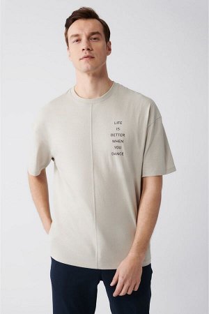 Мужская бежевая футболка оверсайз с круглым вырезом и принтом A31y1178 A31Y1178
