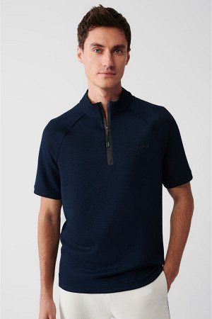 Темно-синяя облегающая футболка с прямым воротником и застежкой-молнией A31Y1002