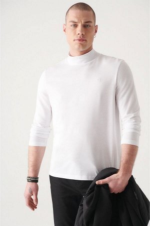 Белая ультрамягкая хлопковая футболка с длинными рукавами и высоким воротником E001077