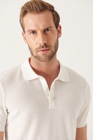 Мужская белая текстурированная базовая трикотажная футболка с воротником-поло B005009