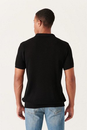 Черная футболка из текстурированного базового трикотажа с воротником поло B005009