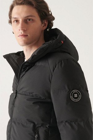Черное водоотталкивающее ветрозащитное пальто с капюшоном и пуховым воротником унисекс A22Y6068