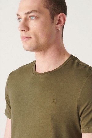 Ультрамягкая хлопковая базовая футболка цвета хаки с круглым вырезом E001171