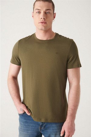 Ультрамягкая хлопковая базовая футболка цвета хаки с круглым вырезом E001171