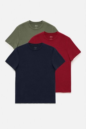 Хаки-бордовый-темно-синий с тройным круглым вырезом, 100% хлопок, облегающая базовая футболка E001010