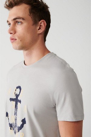 avva Мужская серая футболка оверсайз с круглым вырезом и принтом A31y1184 A31Y1184