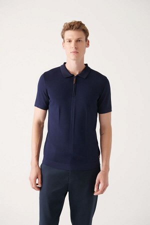 Мужская трикотажная футболка темно-синего цвета с воротником-поло и молнией стандартного кроя A31y5023 A31Y5023