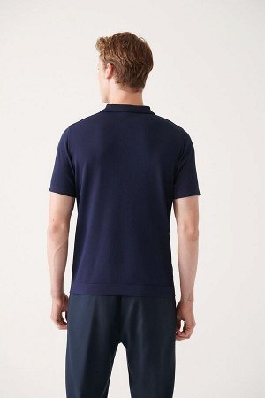 avva Мужская трикотажная футболка темно-синего цвета с воротником-поло и молнией стандартного кроя A31y5023 A31Y5023