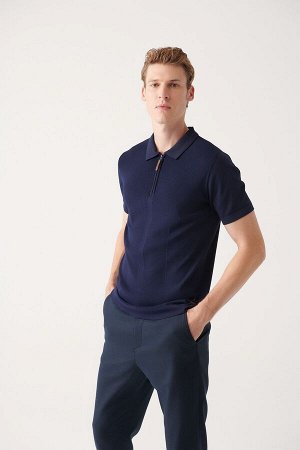 avva Мужская трикотажная футболка темно-синего цвета с воротником-поло и молнией стандартного кроя A31y5023 A31Y5023