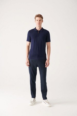 Мужская трикотажная футболка темно-синего цвета с воротником-поло и молнией стандартного кроя A31y5023 A31Y5023