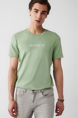 Приталенная футболка цвета морской волны с круглым вырезом и принтом A31Y1008