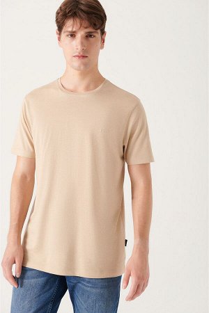 Бежевая ультрамягкая хлопковая базовая футболка с круглым вырезом E001171