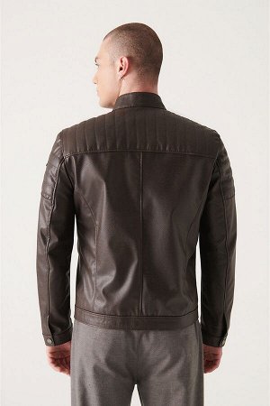 Коричневое пальто из искусственной кожи с высоким воротником A22Y6078
