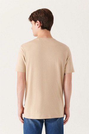 Бежевая ультрамягкая хлопковая базовая футболка с круглым вырезом E001171