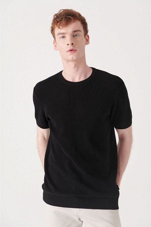Черная текстурированная базовая трикотажная футболка с круглым вырезом B005010