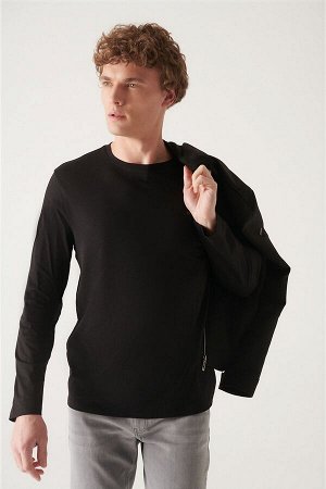 Черная ультрамягкая хлопковая футболка с круглым вырезом и длинными рукавами E001076
