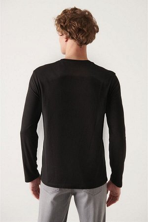 Черная ультрамягкая хлопковая футболка с круглым вырезом и длинными рукавами E001076