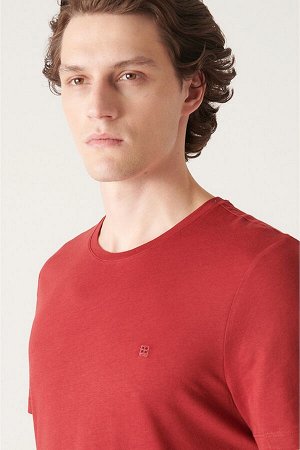 Бордово-красная ультрамягкая хлопковая базовая футболка с круглым вырезом E001171